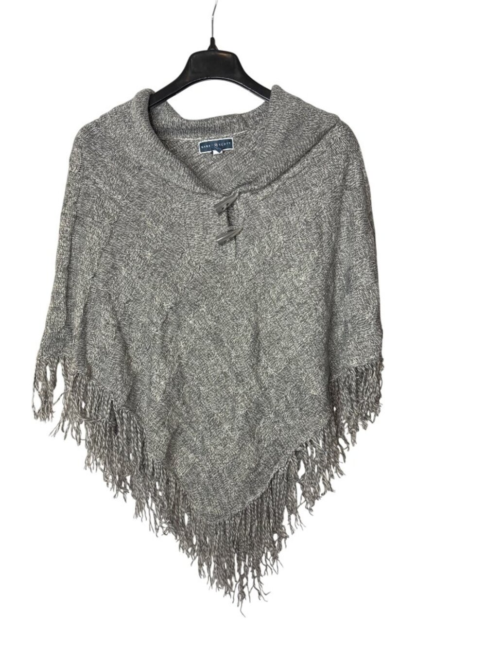 Karen Scott Womens Poncho Size L/XL Cable Knit Fringe Grey White Acrylic